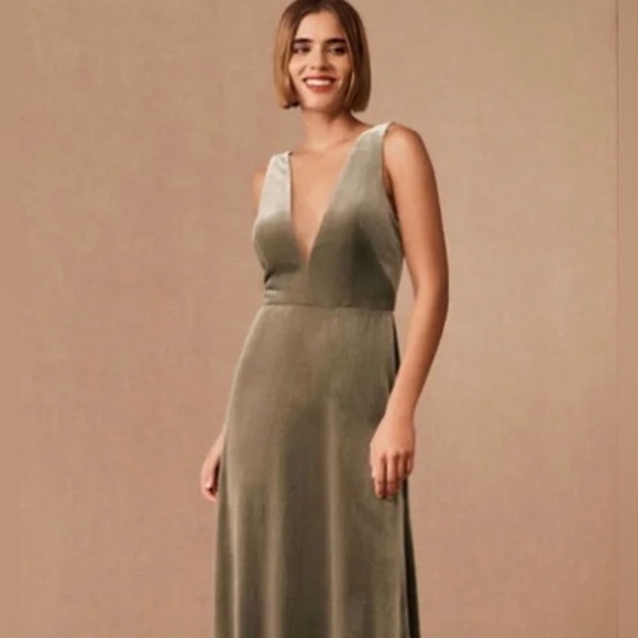Jenny Yoo Logan Deep-V Velvet Column Gown Sage Green Bridesmaid or Formal Event - Picture 2 of 8